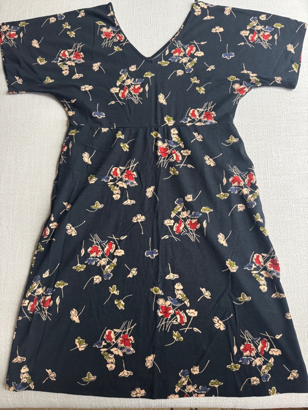 Pact Size M Cotton Black Floral Short Sleeve V-Neck Dress NWT